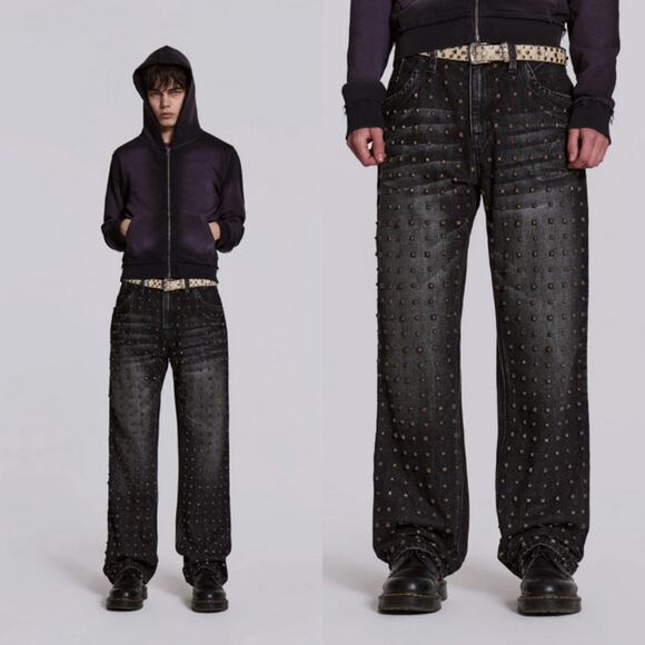 Jaded London | NEW Washed Black Stud Scott Jean W38 Antique Faded Street Hippie - Picture 1 of 5